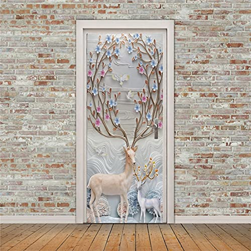 A.Monamour Türtapete Selbstklebend Türfolie Türposter 3D Schönes Reh Mit Kreativen Blumen Für Die Wanddekoration Vinyl Folie Türdeko Tapete Wandbild Türaufkleber Türtattoo 85 x 200 cm