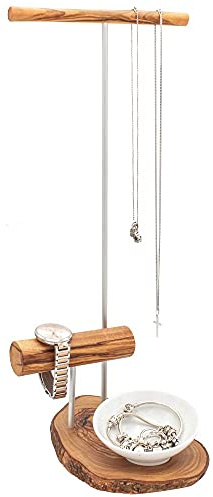 D.O.M. ALMA Présentoir à bijoux Organisateur avec 2 barres + socle en bois d'olivier + bol en porcelaine