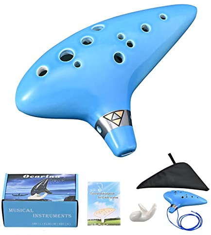 LIEKE Ocarina 12 Hole Alto C Ceramic Ocarinas, Musical Instrument for Beginners Adults with Display Stand Song Book Neck-Strap Bag (Light blue)