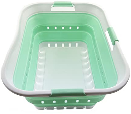 SAMMART 42L zusammenklappbarer Wäschekorb aus Kunststoff – faltbarer Pop-Up-Aufbewahrungsbehälter/Organizer – platzsparender Korb/Korb (Weiß/helle Jade)