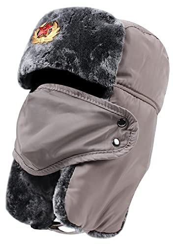 Ciamlir Russische Mütze Sowjetische Militärische Russische Pilotenmütze Winter Outdoor Ski Schutzmütze Warme Mütze Herrenmütze Winter Dickes Leder Warm,Dunkelgrau,Einheitsgröße