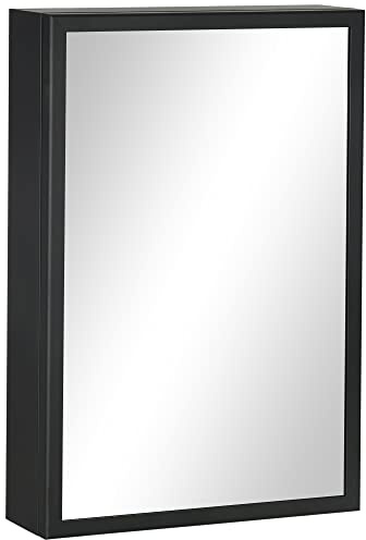 kleankin Armoire Miroir de Salle de Bain Porte en Alu 40x12x60 cm Noir | Cadre en Acier Inoxydable, Armoire Murale, 1 Porte Miroir, 2 Étagères en Acier, Meubles de Salle de Bain