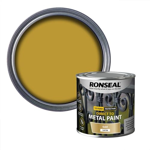 Ronseal Direct to Metal Gold Satin 250ml | Water-based coating for ferrous surfaces with primer-free application, 30-minute shower resistance and 8m²/L coverage.