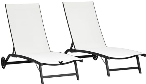 Outsunny Pack de 2 Tumbonas de Jardín Exterior Tumbonas Reclinables de Aluminio con Respaldo Ajustable de 5 Niveles y Ruedas para Playa Piscina 165x66x102 cm Blanco Mate