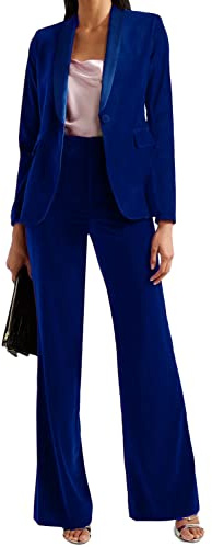 Ensemble de costume en velours pour femme - Style décontracté - 2 pièces - Pour le travail de bureau - Avec encoche - Revers - Costume professionnel, bleu marine, S
