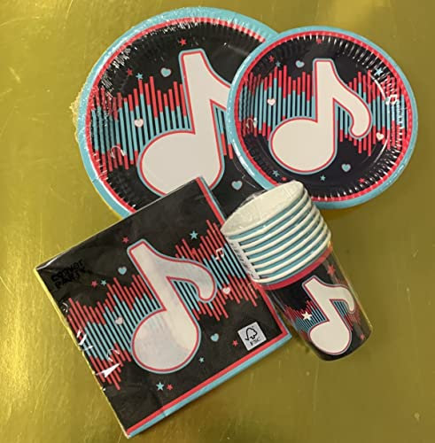 Lote de Vajillas Infantiles Tik Tok Dance (16 Vasos, 16 Platos, 16 Platos (18 cm) y 20 Servilletas) .Detalles y Decoración para Fiestas de Cumpleaños, Bodas, Bautizos, Comuniones. AB