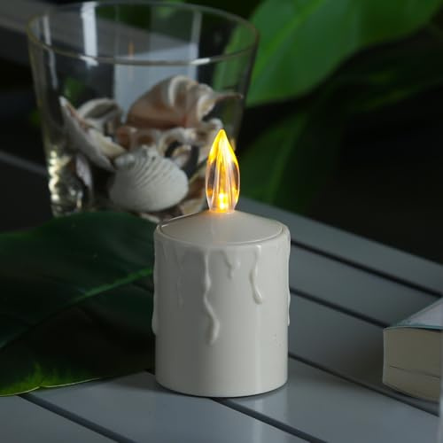 MARELIDA LED Kerze Grabkerze mit Dämmerungssensor Mini Kunststoffkerze Grablicht Motivkerze Friedhofskerze flackernd H: 11,5cm - für Außen (beige)