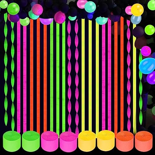 Qpout 656 Feet Crepe Paper Streamers Neon Party Decorations, 8 Rolls UV Reactive Paper Streamers, Blacklight Party Supplies, Glow Party Decorations, 80's Party Decorations, Birthday Party Decorations