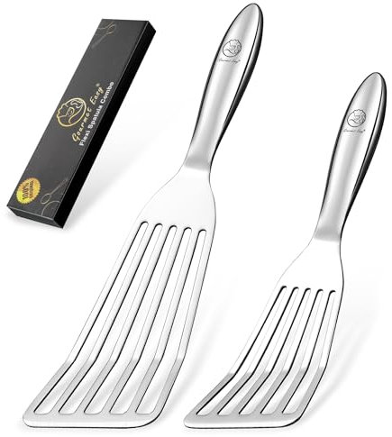 Fish Spatula Stainless Steel Combo, 1 Large Fish Turner Spatula + 1 Small Griddle Flipper, Metal Flipper for Kitchen Use, with Thin Edge Ideal for Turning & Flipping