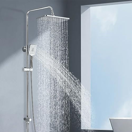 Rozin Shower Riser Rail Kit Adjustable Chrome Square Rainfall Shower Head 29 * 19cm and 3 Functions Handheld Shower Without Mixer Stainless Steel Easy Install