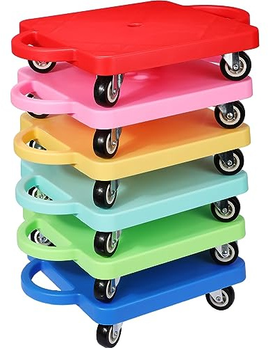 6 Pieces Sports Scooter Board Bulk Sitting Scooter Board with Handles Plastic Casters Sport Flat Scooter for Kids Children Gym Indoor Outdoor Activities Play Equipment(Light Color)