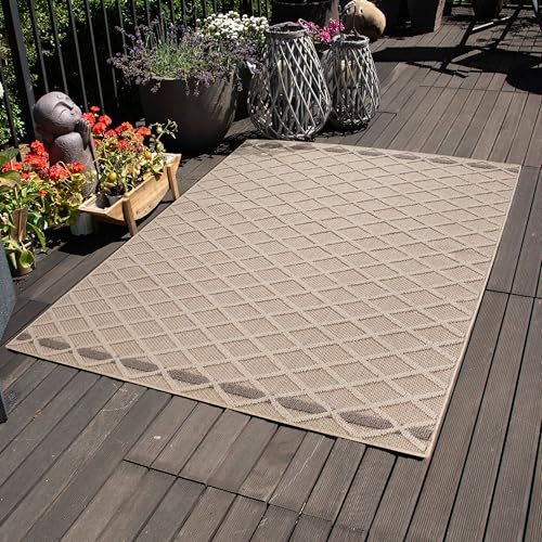 Carpettex Outdoor Teppich Wetterfest 160x230 cm Sisaloptik Beige - Ideal für Balkon, Garten, Terrasse, Camping und als Küchenteppich - Waschbarer Teppich, Rauten Design, Flachgewebe