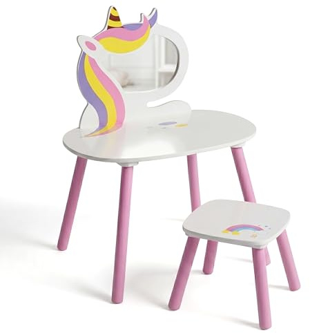 The Magic Toy Shop Unicorn Themed Kids Dressing Table with Stool and Mirror - Girls Vanity Table and Chair, Enchanting Bedroom Furniture Set, Pink Wooden Legs, Crisp White Finish, Pretend Play