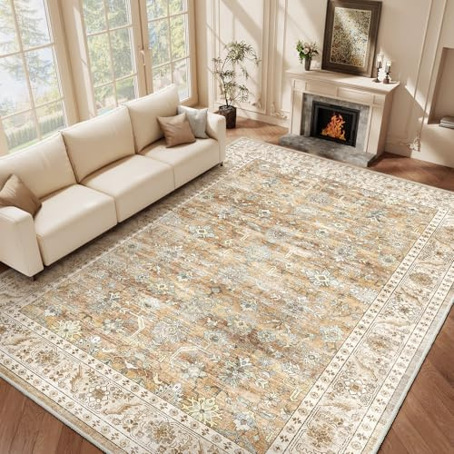 HOMFINE Vintage Area Rug for Living Room - Machine Washable Rug Soft Short Pile for Bedroom Kitchen Floral Print Traditional Rug Stain Resistant, Home Decor Office Carpet, Beige Brown, 120 * 170CM