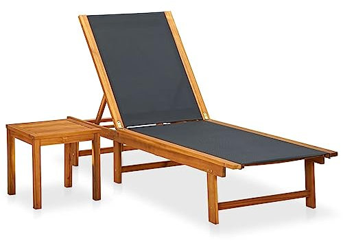 Festnight Gartenliege Holz mit Tisch Sonnenliege Liege Outdoor Holzliege Liegestuhl Relaxliege Garten Wetterfest Massivholz Akazie und Textilene