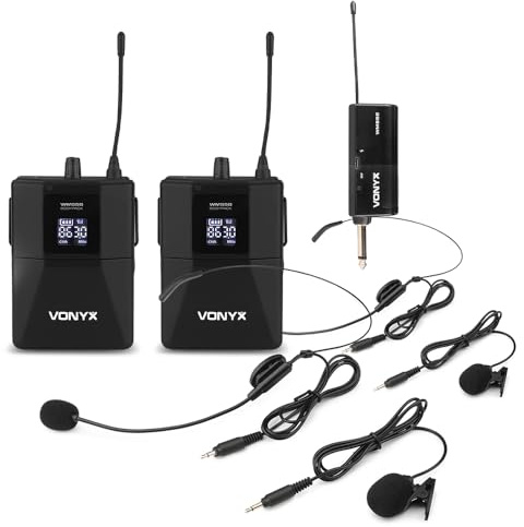 Vonyx WM552B Sistema de 2 petacas (bodypack) inalámbricas UHF, 2 micrófonos de Diadema y 2 micrófonos de Solapa, 1 Mini Receptor, Alcance de 50 m, Pantalla Digital, Ideal para pequeñas actuaciones