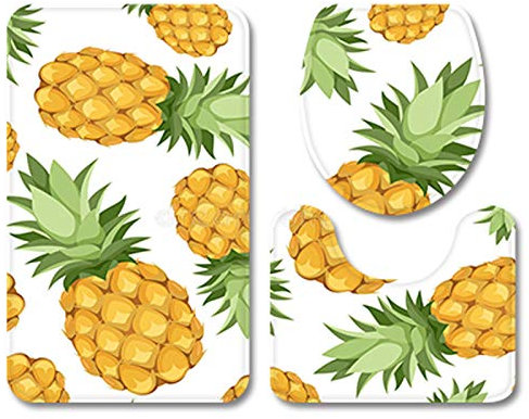 Bad Teppiche Set 3-Teiliges Ananas Gelb WC Vorleger Mit Ausschnitt Badematte Saugfähig WC Deckelbezug Badvorleger rutschfest Waschbar Toilettensitzbezug Badgarnitur (50x80cm)