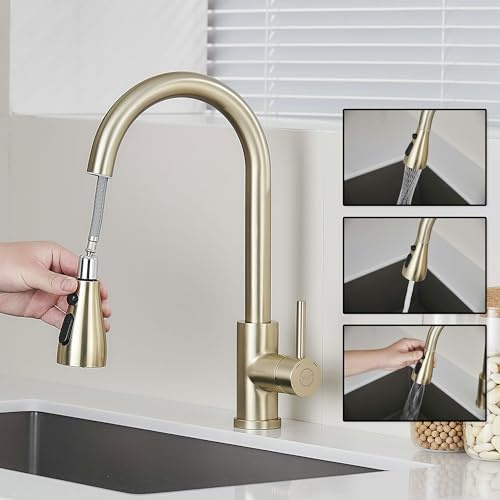 MILOT Kitchen Tap, 4 Spray Modes with Pause Mode, 360° Swivel Spout Kitchen Sink Taps, Kitchen Mixer Taps 1 Hole (Brushed Gold)