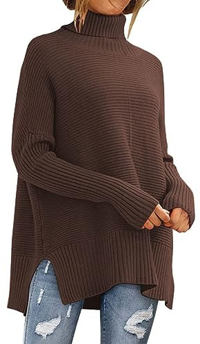 YCBMINGCAN Jersey de algodón para mujer, cuello alto, manga larga, de punto, cómodo, jersey oversize de invierno para mujer, marrón, L