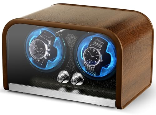 Clewcks Watch Winder for Automatic Watches, Watch Winders Box for Rolex,Double Japanese Silent Motor, 4 Rotation Mode Setting, Blue Light, Plug-in or 2 * AA Batteries (not included), Gift for man