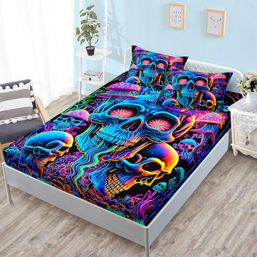 Spannbettlaken 160x200cm Abstract Schädel Pilze Bettlaken 160 x 200 Mikrofaser Topper Spannbettlaken 160x200 Spannbetttuch 160x200 Atmungsaktiv Bed Linen Waschbar Bettbezug 160x200 30cm Tiefe