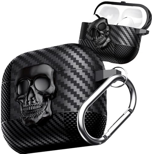 Fofvccv Coque de Protection Drôle pour AirPods Pro 2-Skull Noir | Tête de Mort 3D Maléfique Antichoc en Fibre de Carbone Militaire Rigide avec Mousqueton pour AirPods Pro 2