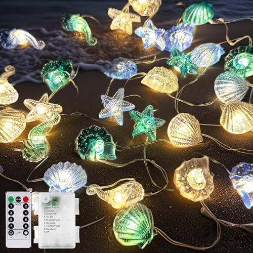 TZEKING 3m LED Ozean-Lichterkette mit Fernbedienung, batteriebetrieben, 8 Blinkmodi, für Badezimmer, maritime Dekoration