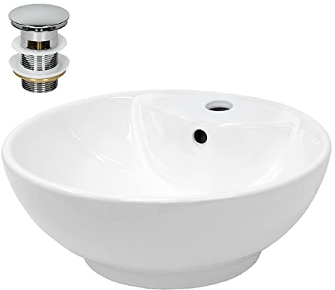 LuxeBath Waschbecken Keramik Weiß Ø 455x185 mm rund mit Ablaufgarnitur Silber, Aufsatzwaschbecken mit Überlauf, Aufsatzbecken Aufsatzwaschtisch Waschschale Waschplatz Handwaschbecken für Badezimmer