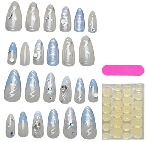 Neamou Press on Nails Light Blue, Silver Designs Acrylic Nails | Manicure Stickers, Women Hand Beauty Supplies, Glue on False Accessories for Home School
