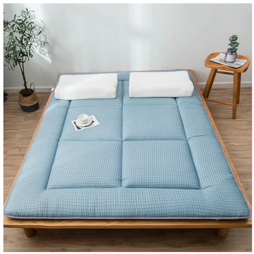 Materasso da pavimento giapponese a quadri, futon in cotone pieghevole e lavabile, spesso arrotolabile, tatami, letto per gli ospiti, comodo materasso da terra per salotto da campeggio (blu, 180 x 200