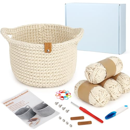 Reessy Häkelset, runder Korb, Häkel-Starter-Set mit Anleitung, Häkelnadel, dickes Garn, komplette Häkelsets für Anfänger und Erwachsene, Lernen, wie man häkelt, Aufbewahrungskorb, weiß