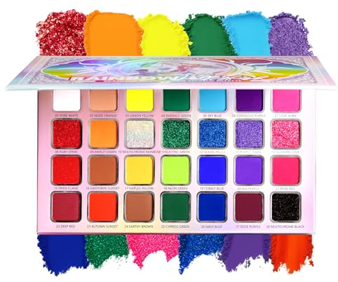 DE'LANCI Colorful EyeshadowPalette, 28 Neon Rainbow Eyeshadow matt mehrfarbiges metallisch Shimmer Make-up leuchtendes lebendiges Augen-Make-up für Mädchen LGBT & hochpigmentierte Lidschattenkosmetik