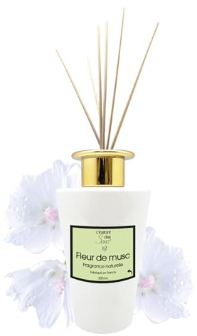 L'Instant des Sens Diffuseur de Parfum par Capillarité Maison - Diffuseur à Bâtonnets - Senteur Longue Durée - Parfum d'Ambiance Maison - Fabriqué en France (200ml, Fleur de Musc)