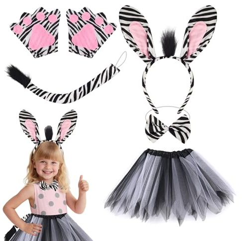 BAIYSFFG 5 PCS Animal Costume Set,Animal Ears Headband Bowtie Tail & Tail Set Fancy Dress for Halloween,Carnival,World Book Day,Cosplay Theme Party Favors (Zebra)