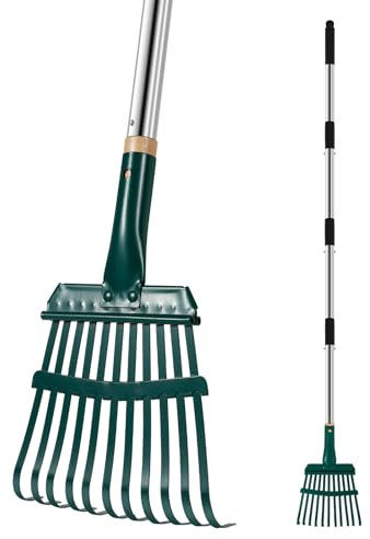 Laubrechen Verstellbar mit Stiel 114cm Rechen Garten mit 11 Zähne Rostfrei Fächerbesen Gartenrechen Laubharke Metall zum Reinigen von Pflanzen Hof Rasen