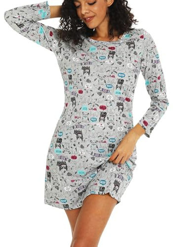 MIA LUCCE Nattlinne damer långärmade nattskjortor nattkläder bomull sovskjorta sovklänning hemklänning damer nattskjorta mjuk och lätt loungewear nattlinne för kvinnor, Grå hund, M