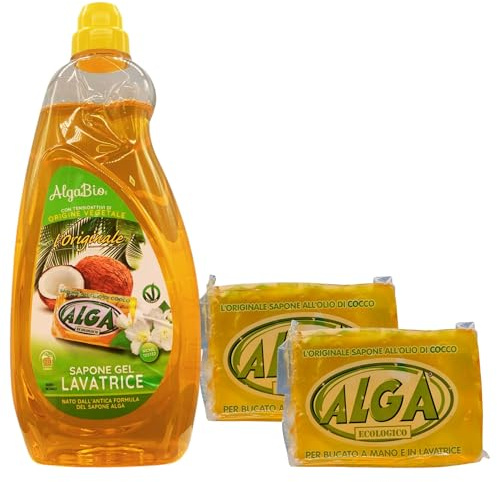 SET: Sapone Gel Lavatrice, All'Olio Di Cocco Con Tensioattivi Di Origine Naturale 1950ml + 2x Sapone Ecologico Per Bucato a Mano e Lavatrice 400g