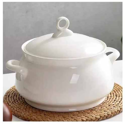 Cuenco de sopa de cerámica blanca con tapa y cucharón, 2500 ml, de porcelana, apto para cocina, microondas y lavavajillas