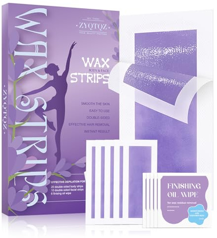 Facial Wax Strips for Women, Bikini & Body Wax Strips Kit – 60 Count (40 Body + 20 Face) with 10 Soothing Oil Wipes, At-Home Hair Removal for Legs, Underarms, Brazilian, Face – Lavender/Aloe Vera