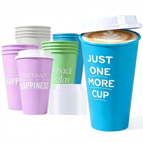 MiraFure Reusable Coffee Cups with Lids, 16 oz, Plastic Travel Coffee Mug, To Go Coffee Cups for Hot and Cold Drinks (15 Pack, 4 Colors Assorted)