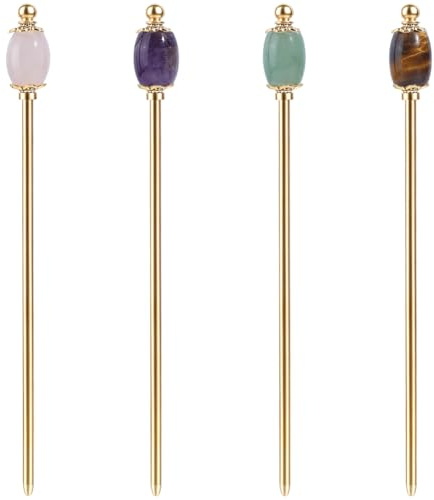 CRAFTYMELODY 4Pcs Natural Gemstone Crown Oval Hair Stick 4 Styles Barrel Mixed Stone Hairpins Vintage Hair Chopsticks for Women Brides Barrel Elegant Decorative Jewelry Accessories Hair Styling Gifts