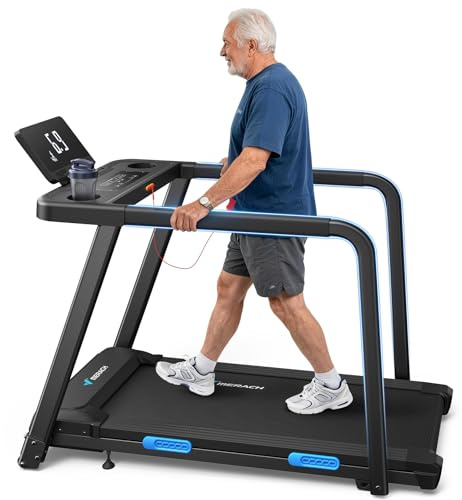 MERACH Tapis de Course Électrique avec Mains Sécurisées Courantes pour Seniors Moteur Silencieux de 3,0 CV Amorti 5 Couches Protège Genoux, Charge max 136kg Idéal pour Rééducation, Cardio à Domicile