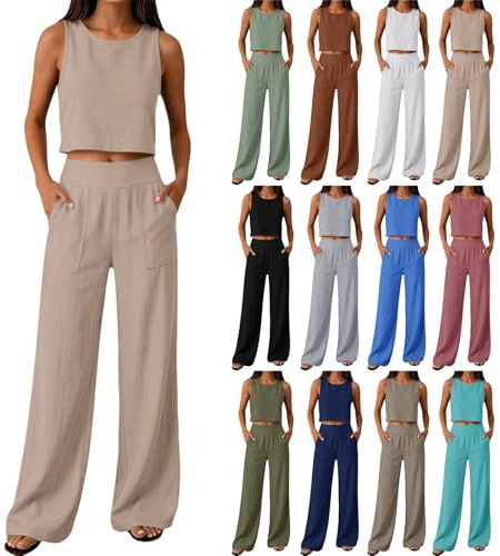 Generico Tute Donna Tempo Libero Completo Estivo Lino Tailleur Estiva Senza Maniche Girocollo Tuta Completa Lino E Cotone Completi Estivi Corte Top E Pantaloni Tuta Donna Estiva Elegante Cerimonia