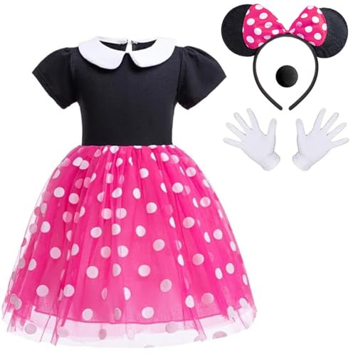 Atorcher Girls Cartoon Mouse Costume Set – Red Polka Dot Tutu Dress with Bowknot Headband, Gloves & Nose Cute Fancy Dress Outfit for Halloween, Birthday Parties World Book Day (Pink, 3-4 Years)