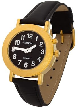 Marschall Deutsch sprechende Damen Armbanduhr I D-BL Black Edition I Für Blinde, Senioren und Demenzkranke I Zeitansage I Extra große Zeiger I Lederarmband