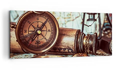 Panorama Bilder auf Leinwand 100x40cm Leinwandbild Kompass Teleskop Abenteuer antik Groß Wanddeko Bild Schlafzimmer Wandbilder Dekoration Wohnzimmer Wall Decor Canvas Wand Kunstdruck Art AB100x40-2946