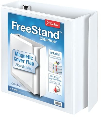 Cardinal 3 Ring Binder, 3 Inch FreeStand Binder with Magnetic Cover Flap, Shelf Pull and 5 Color-Coded Rings, ONE-TOUCH Easy Open Locking Slant-D Rings, Holds 650 Sheets, White