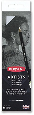 Derwent Artists Svarta och Vita Färgpennor med Pennvässare, Rita och Färglägg, Set med 6 Pennor, Perfekta för Färgblandning, Professionell Kvalitet, 2302342