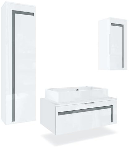 Vladon Set di mobili per Il Bagno Mobile Contenitore Aloha V2, Struttura in Bianco Opaco/Frontali in Bianco Lucido con sfalsature in Grigio Lucido, con lavabo da appoggio