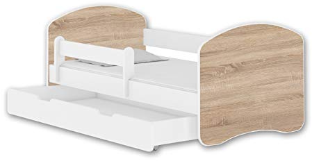 ACMA Jugendbett 180x80 cm Kinderbett mit Einer Schublade mit Rausfallschutz, Lattenrost und Matratze II Farbe Weiß - Eiche Sonoma, stabiles Bettmöbel für Kinderzimmer